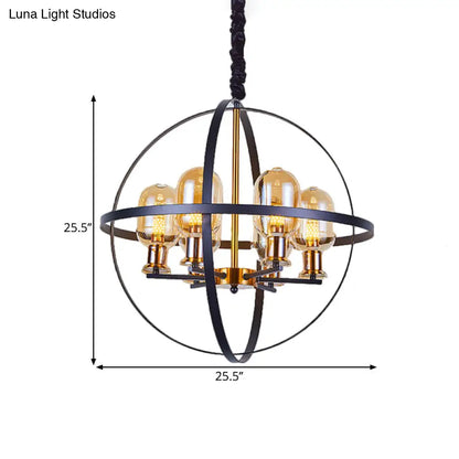 Lámpara de techo colgante contemporánea DecorBites™ de cristal ámbar con diseño de marco esférico - Lámpara de suspensión de 4/6 luces en negro y dorado.