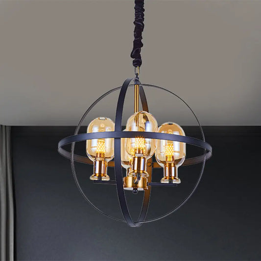 Lámpara de techo colgante contemporánea DecorBites™ de cristal ámbar con diseño de marco esférico - Lámpara de suspensión de 4/6 luces en negro y dorado.