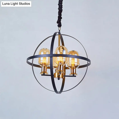 Lámpara de techo colgante contemporánea DecorBites™ de cristal ámbar con diseño de marco esférico - Lámpara de suspensión de 4/6 luces en negro y dorado.