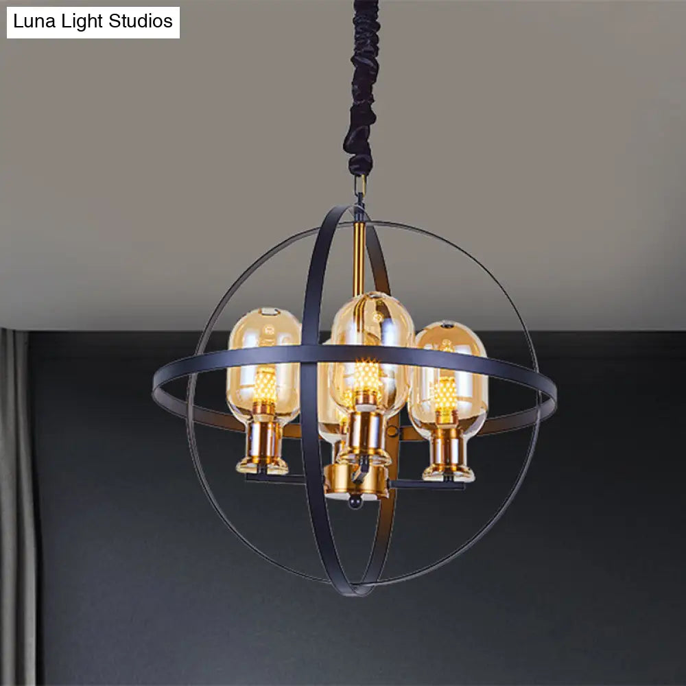Lámpara de techo colgante contemporánea DecorBites™ de cristal ámbar con diseño de marco esférico - Lámpara de suspensión de 4/6 luces en negro y dorado.