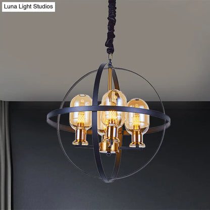Lámpara de techo colgante contemporánea DecorBites™ de cristal ámbar con diseño de marco esférico - Lámpara de suspensión de 4/6 luces en negro y dorado.