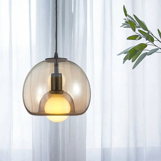 Contemporary Amber/Smoke Glass Dome Pendant - Black Hanging Lamp for Bedroom