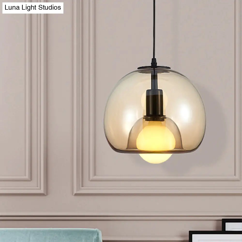 Contemporary Amber/Smoke Glass Dome Pendant - Black Hanging Lamp for Bedroom