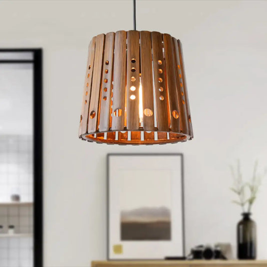 Contemporary Bamboo Pendant Lamp with Slatted Design - Brown