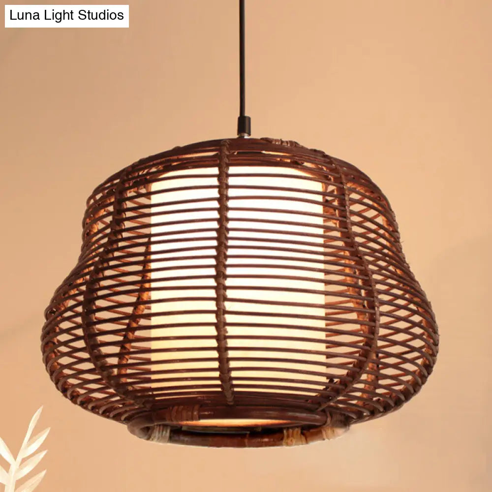 Contemporary Bamboo Pendant Light - Brown Suspension with Pear Head