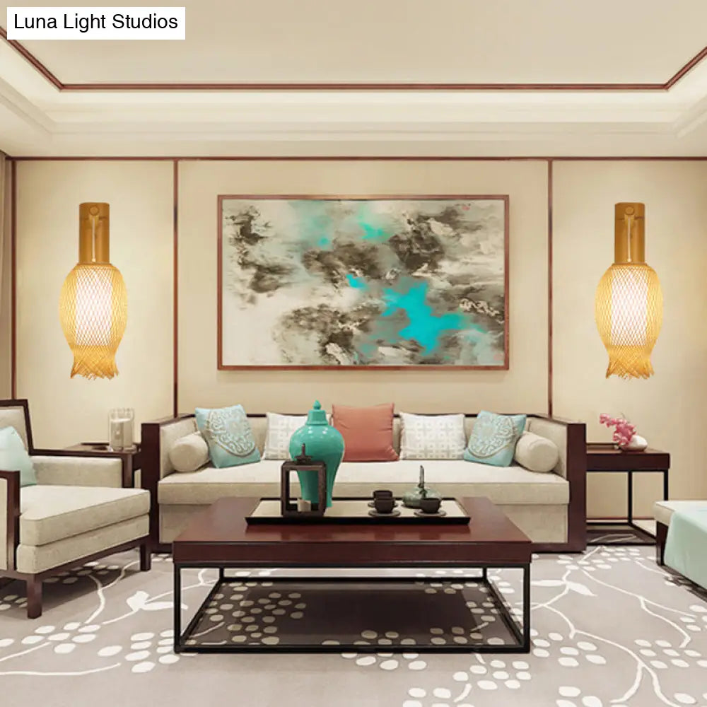 Aplique de pared contemporáneo de bambú DecorBites™ con pantalla cilíndrica blanca interior