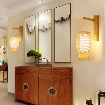 Aplique de pared contemporáneo de bambú DecorBites™ con pantalla cilíndrica blanca interior