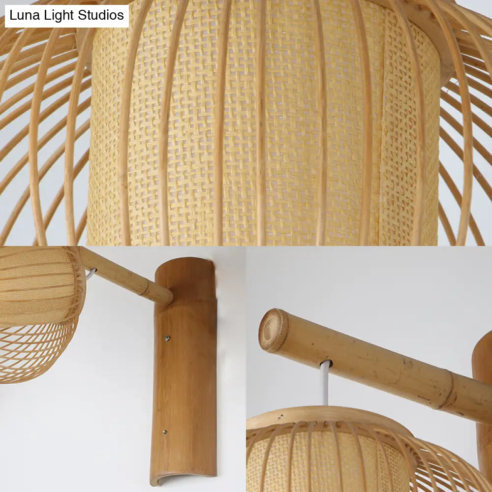 DecorBites™ DecorBites™ Contemporary Bamboo Wood Pumpkin Wall Lamp with Inner Cylinder Parchment Shade - 1 Bulb Sconce Light Fixture