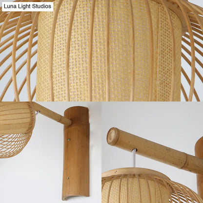 DecorBites™ DecorBites™ Contemporary Bamboo Wood Pumpkin Wall Lamp with Inner Cylinder Parchment Shade - 1 Bulb Sconce Light Fixture