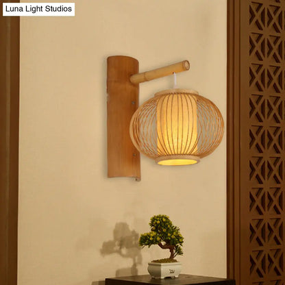 DecorBites™ DecorBites™ Contemporary Bamboo Wood Pumpkin Wall Lamp with Inner Cylinder Parchment Shade - 1 Bulb Sconce Light Fixture