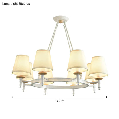 Lámpara colgante cilíndrica contemporánea con 8 cabezales de tela - Blanca