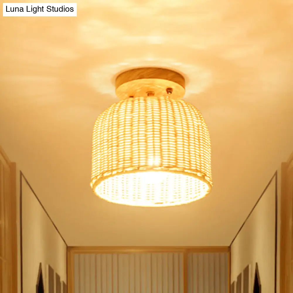 DecorBites™ DecorBites™ Contemporary Beige Bowl/Cylindrical Bamboo Ceiling Mount Light Fixture - 1 Head Semi-Mount Lighting