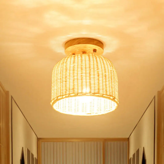 DecorBites™ DecorBites™ Contemporary Beige Bowl/Cylindrical Bamboo Ceiling Mount Light Fixture - 1 Head Semi-Mount Lighting