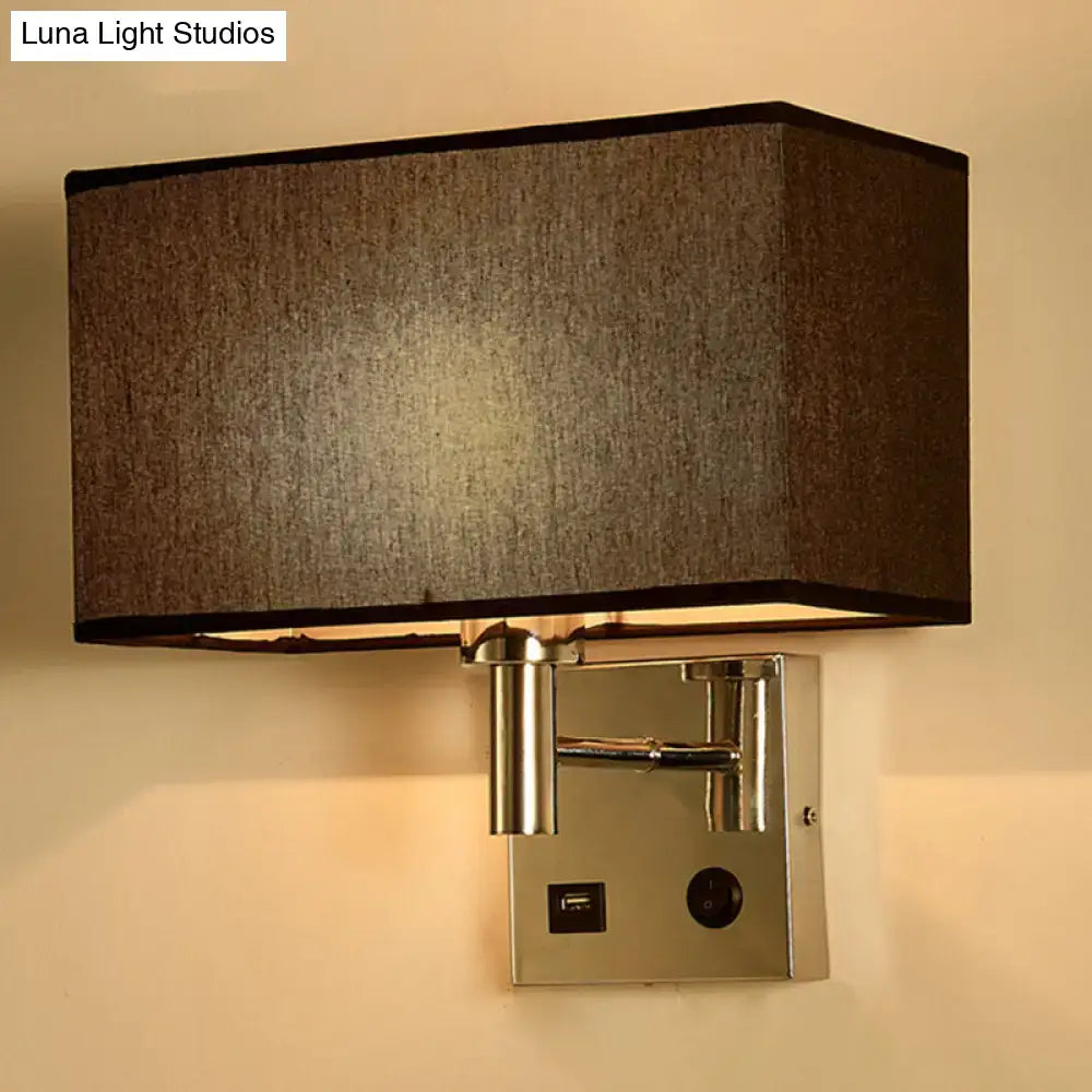 Contemporary wall lamp with dark brown fabric shade and polished chrome base featuring usb port for bedroom use