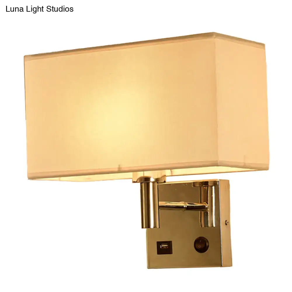Contemporary wall lamp gold finish with beige fabric shade and integrated usb port for bedroom use