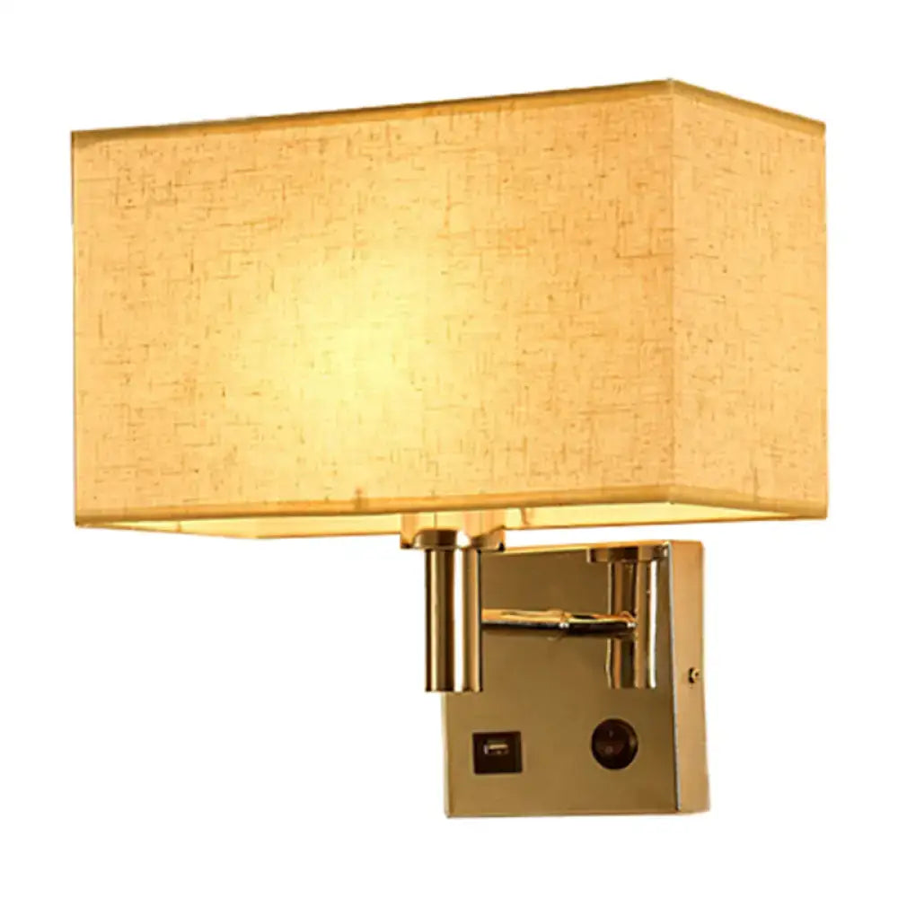 Contemporary wall lamp with gold finish, beige textured fabric shade, wall mounted with integrated usb port