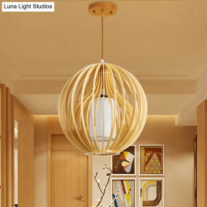 Contemporary Beige Orb/Hat Hanging Lamp - Wood Ceiling Pendant Light for Restaurants