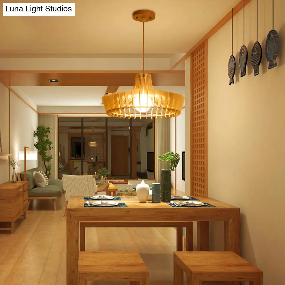 Contemporary Beige Orb/Hat Hanging Lamp - Wood Ceiling Pendant Light for Restaurants