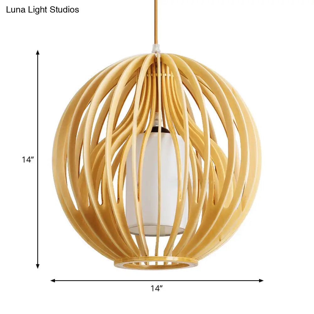 Contemporary Beige Orb/Hat Hanging Lamp - Wood Ceiling Pendant Light for Restaurants