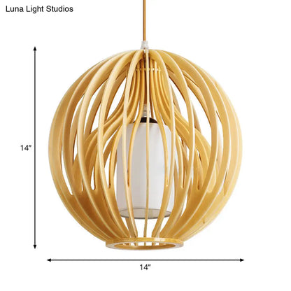 Contemporary Beige Orb/Hat Hanging Lamp - Wood Ceiling Pendant Light for Restaurants