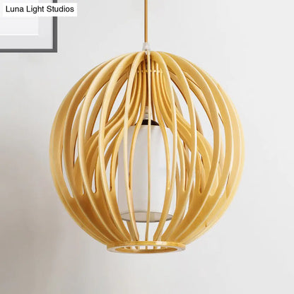 Contemporary Beige Orb/Hat Hanging Lamp - Wood Ceiling Pendant Light for Restaurants