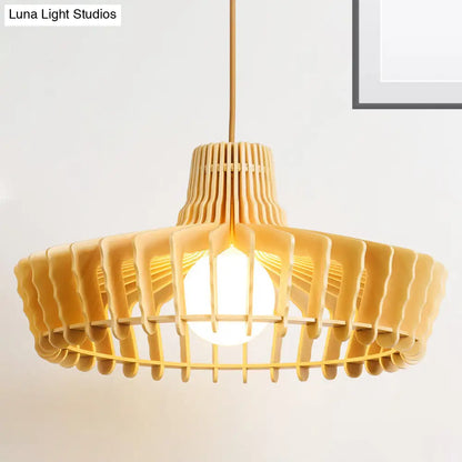 Contemporary Beige Orb/Hat Hanging Lamp - Wood Ceiling Pendant Light for Restaurants