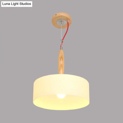 Contemporary Beige Restaurant Pendant with 1-Light Down Lighting and Drum White Glass Shade