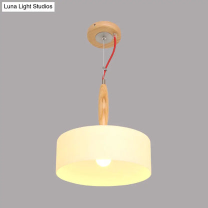 Contemporary Beige Restaurant Pendant with 1-Light Down Lighting and Drum White Glass Shade