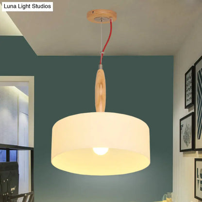 Contemporary Beige Restaurant Pendant with 1-Light Down Lighting and Drum White Glass Shade