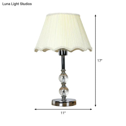 Contemporary Beige Scalloped Nightstand Lamp with Clear Crystal Ball Accent - 1 Light Night Table Lighting