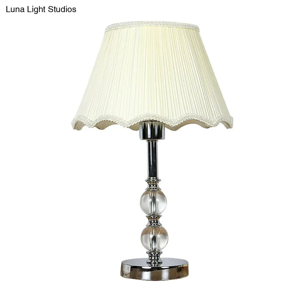 Contemporary Beige Scalloped Nightstand Lamp with Clear Crystal Ball Accent - 1 Light Night Table Lighting