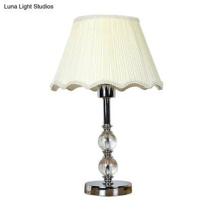 Contemporary Beige Scalloped Nightstand Lamp with Clear Crystal Ball Accent - 1 Light Night Table Lighting