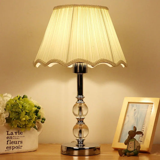 Contemporary Beige Scalloped Nightstand Lamp with Clear Crystal Ball Accent - 1 Light Night Table Lighting