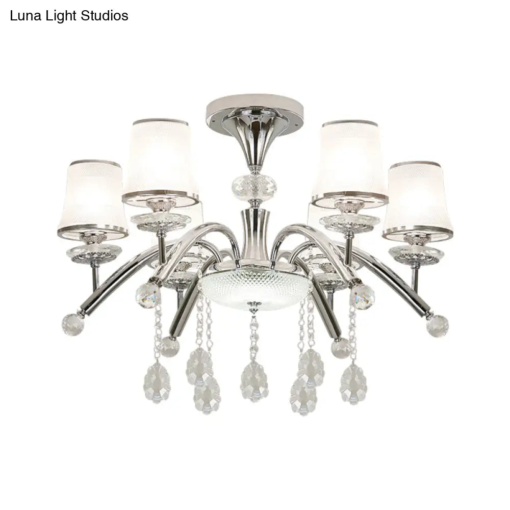 DecorBites™ DecorBites™ Contemporary Bell Semi Flush Mount Light with Crystal Drop - 6-Bulb Chrome Flush Light in Frosted Glass