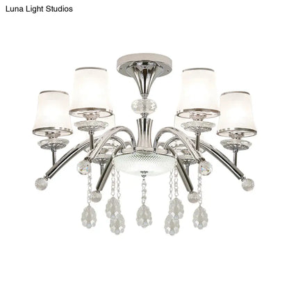 DecorBites™ DecorBites™ Contemporary Bell Semi Flush Mount Light with Crystal Drop - 6-Bulb Chrome Flush Light in Frosted Glass