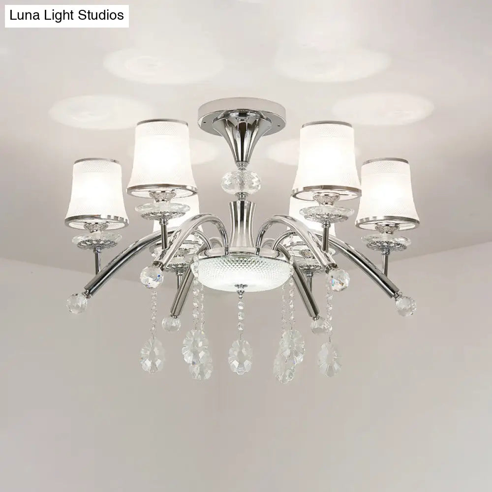 DecorBites™ DecorBites™ Contemporary Bell Semi Flush Mount Light with Crystal Drop - 6-Bulb Chrome Flush Light in Frosted Glass