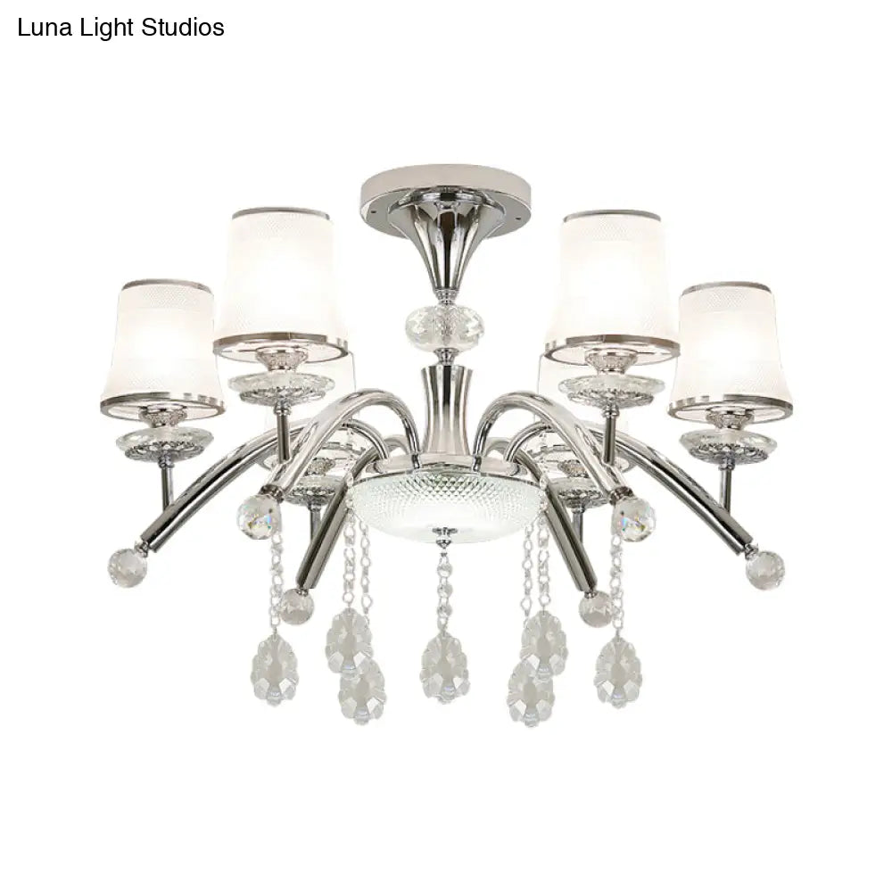 DecorBites™ DecorBites™ Contemporary Bell Semi Flush Mount Light with Crystal Drop - 6-Bulb Chrome Flush Light in Frosted Glass