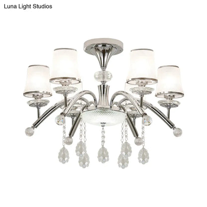 DecorBites™ DecorBites™ Contemporary Bell Semi Flush Mount Light with Crystal Drop - 6-Bulb Chrome Flush Light in Frosted Glass