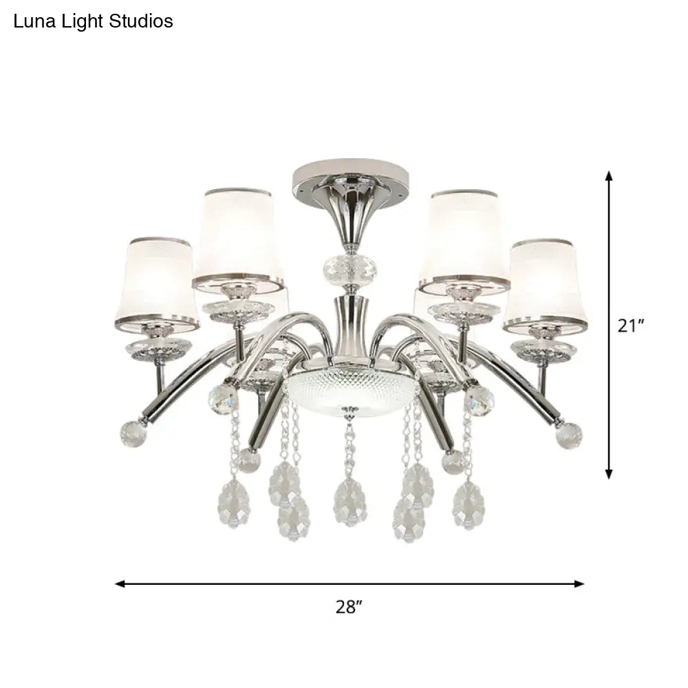 DecorBites™ DecorBites™ Contemporary Bell Semi Flush Mount Light with Crystal Drop - 6-Bulb Chrome Flush Light in Frosted Glass