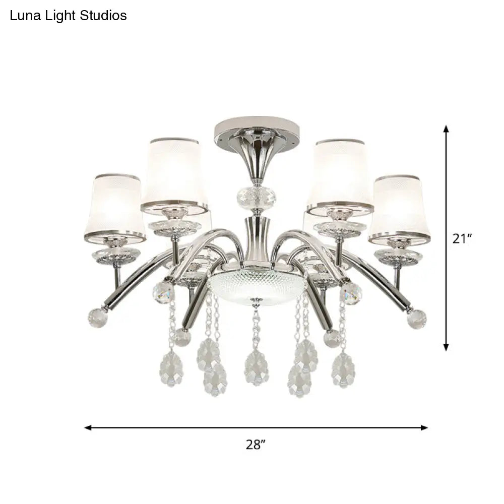 DecorBites™ DecorBites™ Contemporary Bell Semi Flush Mount Light with Crystal Drop - 6-Bulb Chrome Flush Light in Frosted Glass