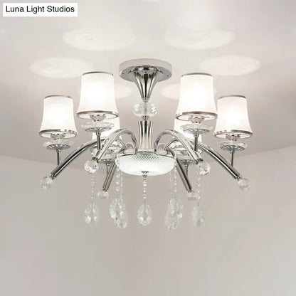 DecorBites™ DecorBites™ Contemporary Bell Semi Flush Mount Light with Crystal Drop - 6-Bulb Chrome Flush Light in Frosted Glass