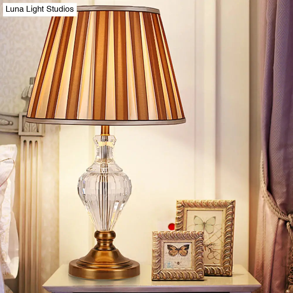 Contemporary Beveled Crystal Desk Lamp with Curved Design – 1 Head Reading Light in Brown
