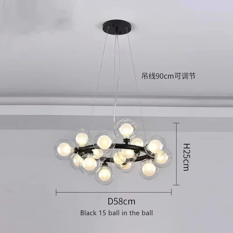 Contemporary Black and Gold Chandelier - White Glass Ball - Black 15 heads / Neutral light - Chandelier