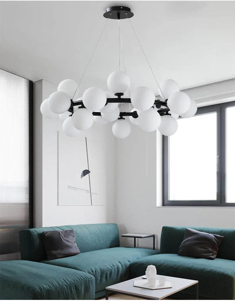 Contemporary Black and Gold Chandelier - White Glass Ball - Chandelier