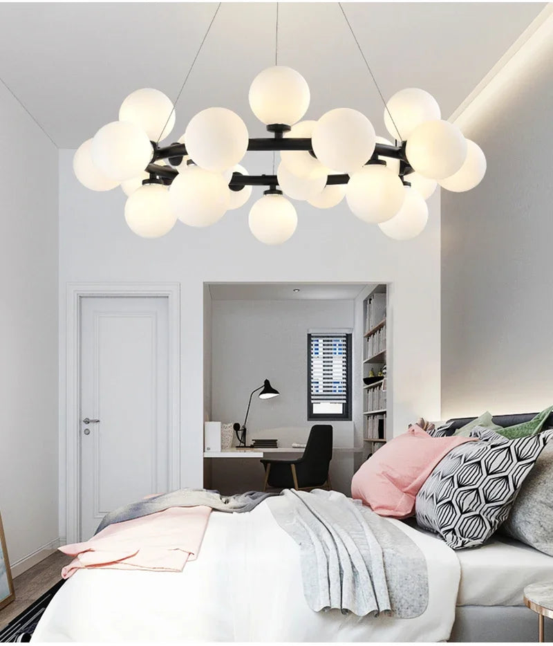 Contemporary Black and Gold Chandelier - White Glass Ball - Chandelier