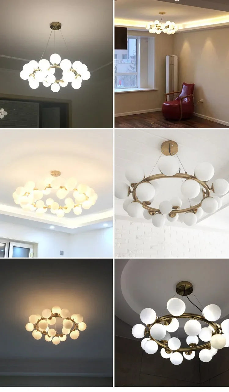 Contemporary Black and Gold Chandelier - White Glass Ball - Chandelier