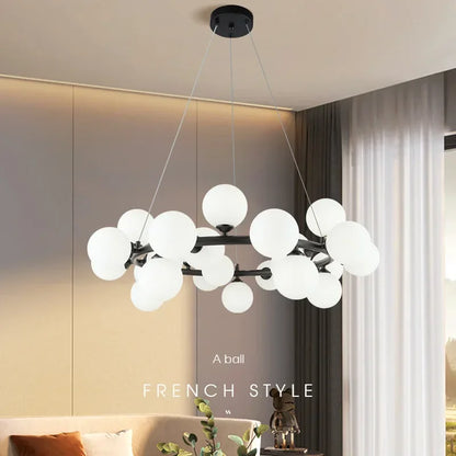 Contemporary Black and Gold Chandelier - White Glass Ball - Chandelier