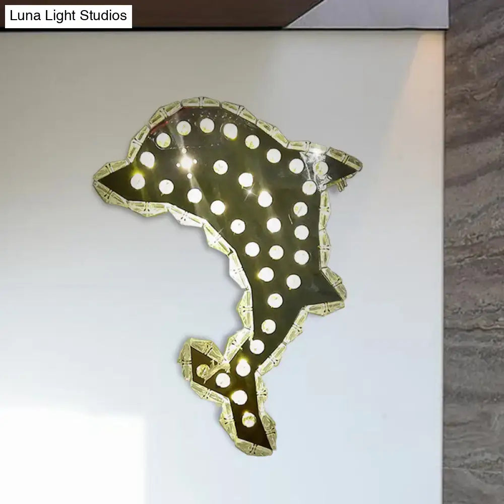 Contemporary crystal prism dolphin wall light with black body white LED lights and ornate gold frame for bedroom decor