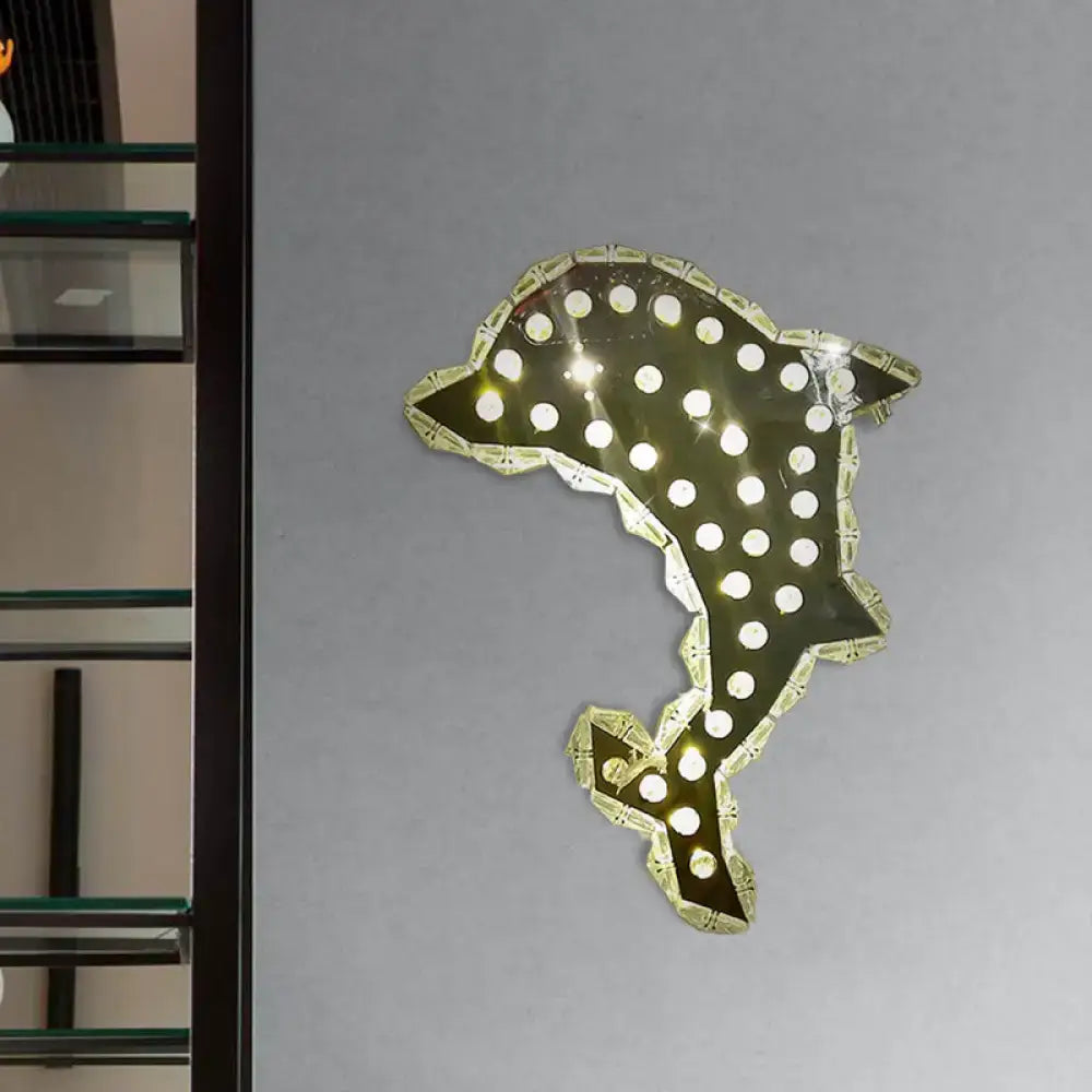 Contemporary black and white crystal prism dolphin wall light with gold-toned outline and embedded circular lights