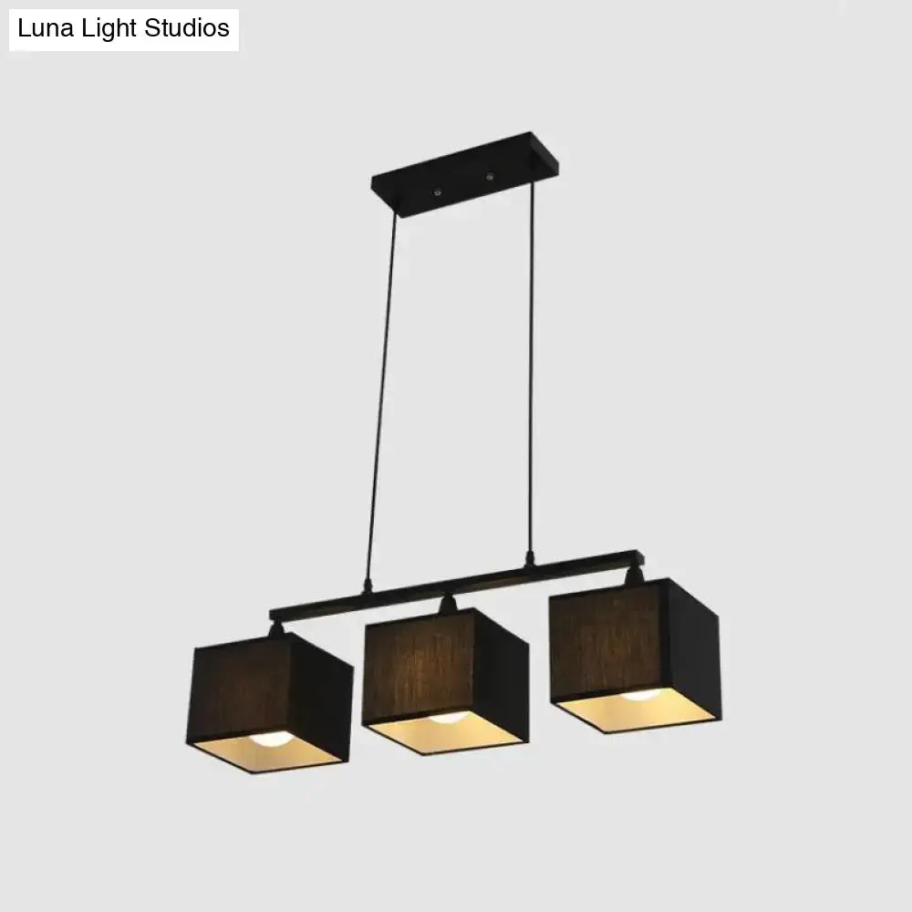 DecorBites™ contemporary black cubic island chandelier with three wooden fabric shades and warm e26 e27 light glow